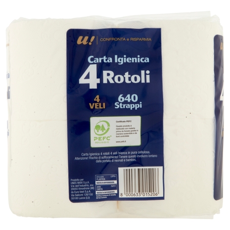 4 Rotoli Carta Igienica 4 Veli U! Confronta e Risparmia